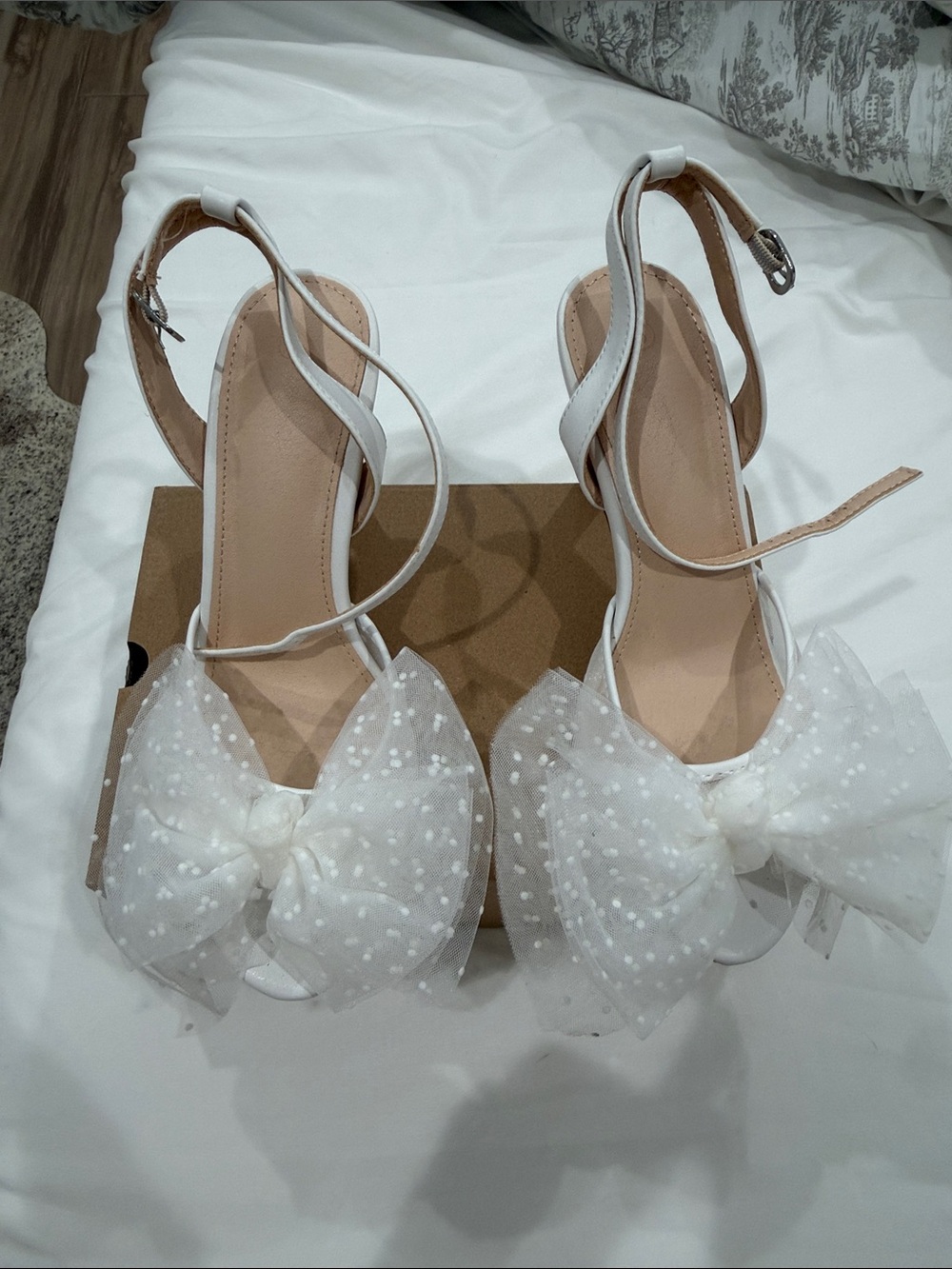 Amazon White Tulle Bow Ankle-Strap Heels